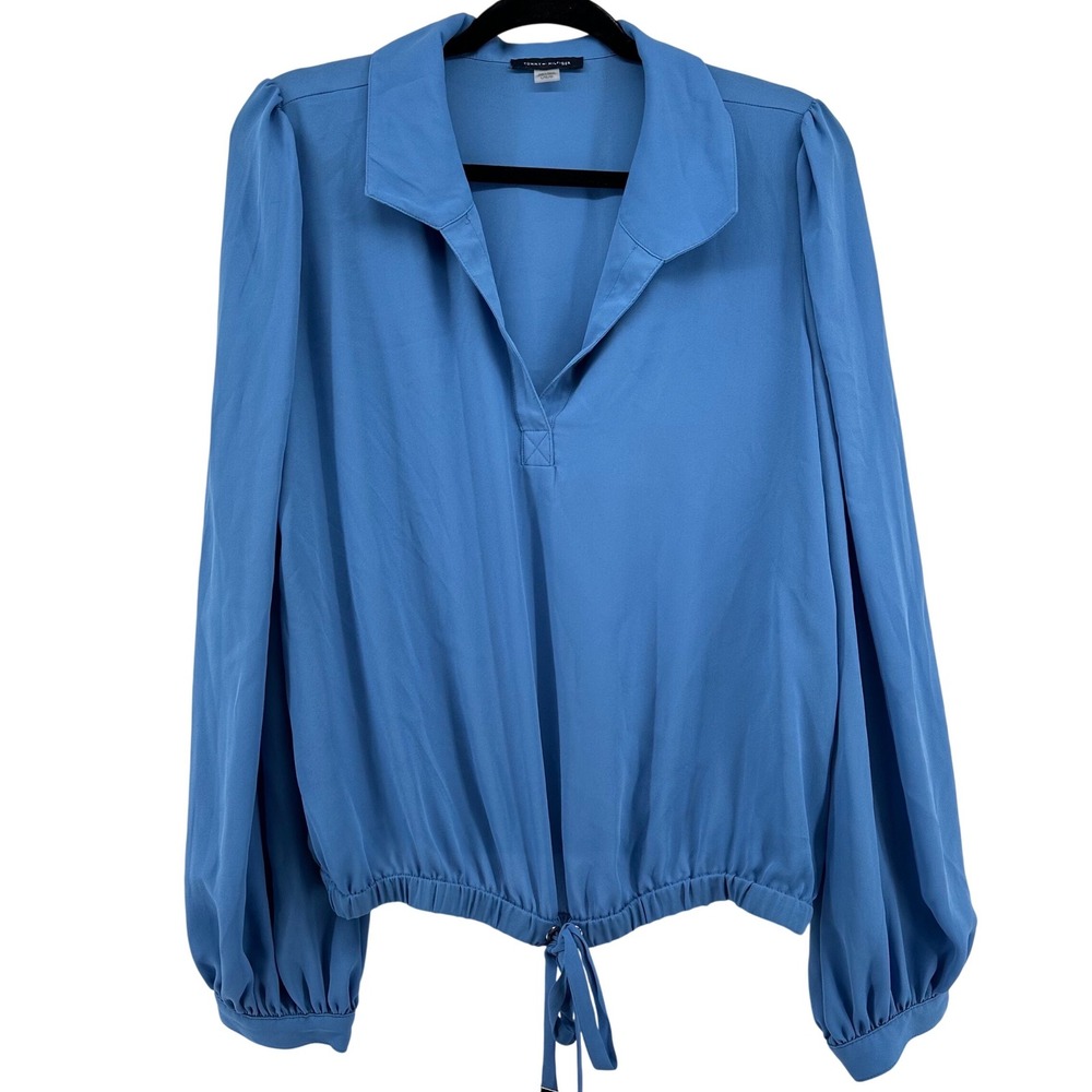 Tommy Hilfiger Blouse Womens Large Blue Bishop Sleeve Tie Front Notched V-Neck